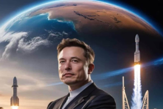 PFO Elon Musk standing in front of Tesla and SpaceX headquarters representing his business empire