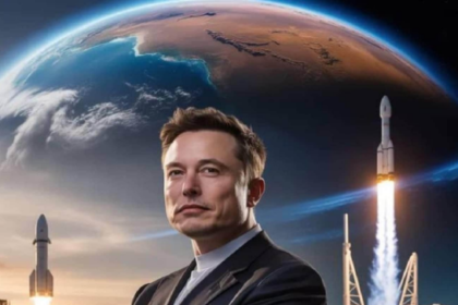 PFO Elon Musk standing in front of Tesla and SpaceX headquarters representing his business empire