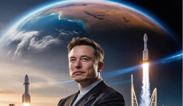 PFO Elon Musk standing in front of Tesla and SpaceX headquarters representing his business empire