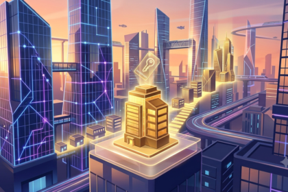 Cityverse Tycoon futuristic city skyline with glowing blockchain grid lines representing Web3 city-building game
