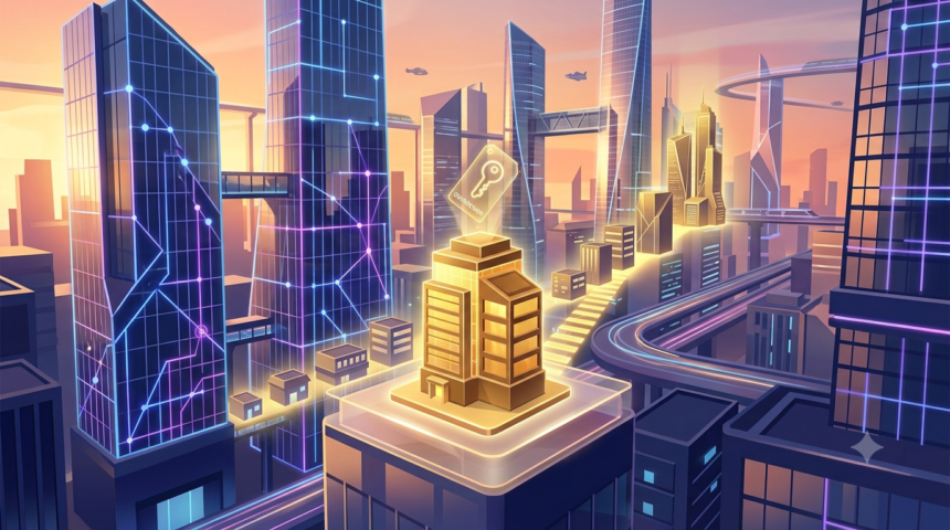 Cityverse Tycoon futuristic city skyline with glowing blockchain grid lines representing Web3 city-building game