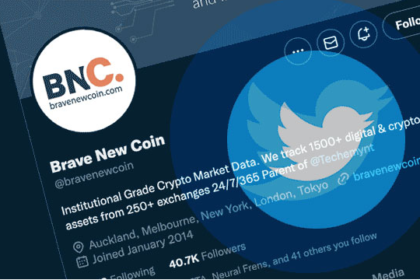 Illustration explaining what is the industry of bravenewcoin.com, showing blockchain data, crypto market charts, and financial research icons